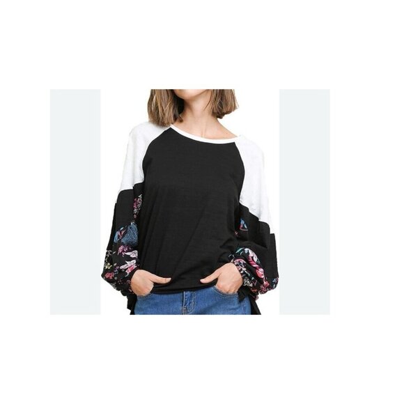 Umgee Black Spring Cotton Top with Floral Print Puff Sleeves Women's Size 1XL - Picture 1 of 11